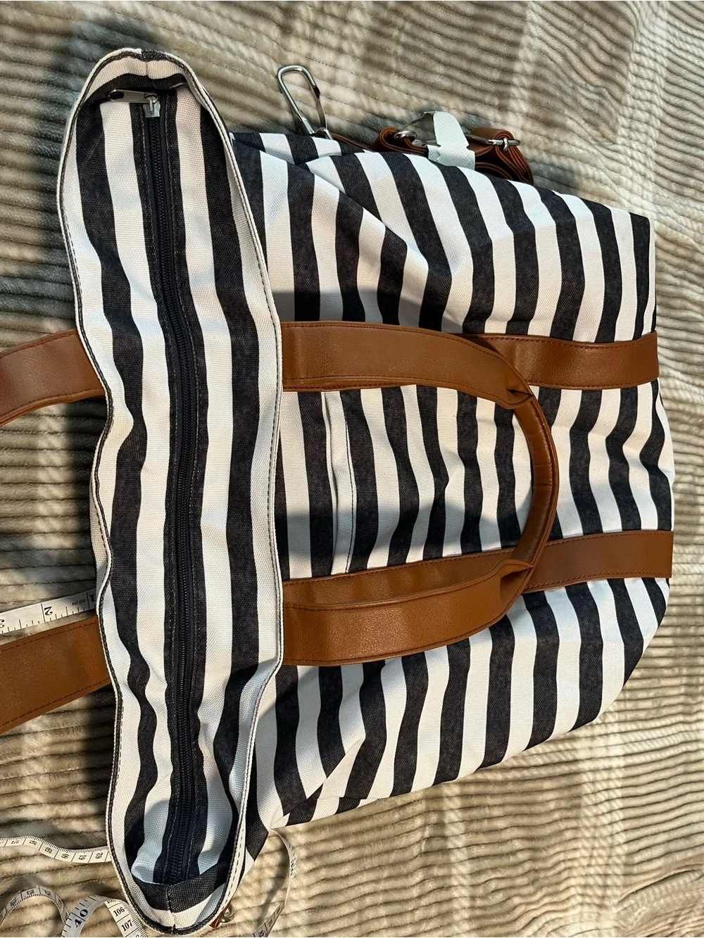 Kindred Bravely Black & White Striped Tote with Brown Accents